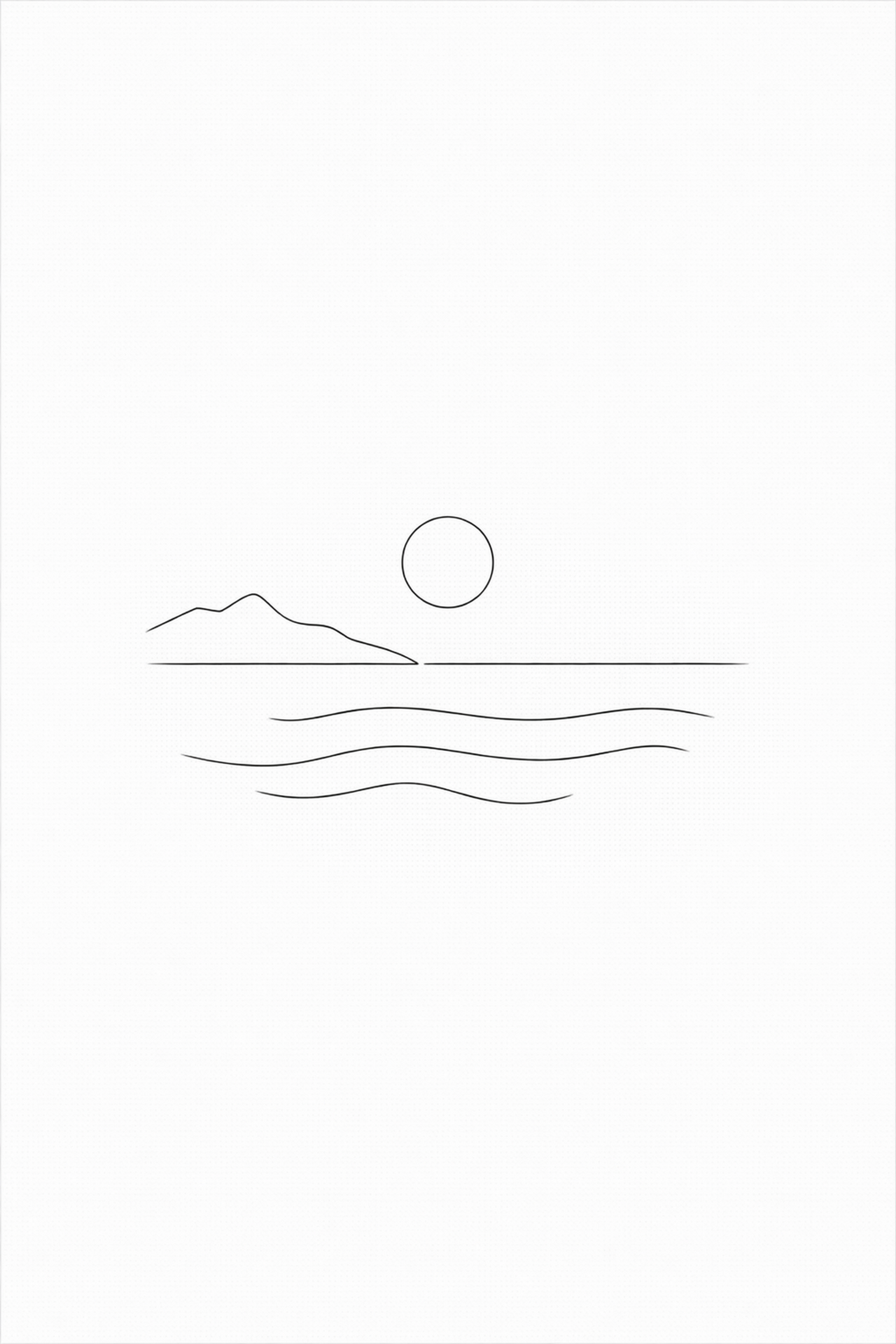 Aegean Stillness minimal line art print — black line illustration of a seascape with mountains, sun and waves on white background, Morphē Studio
