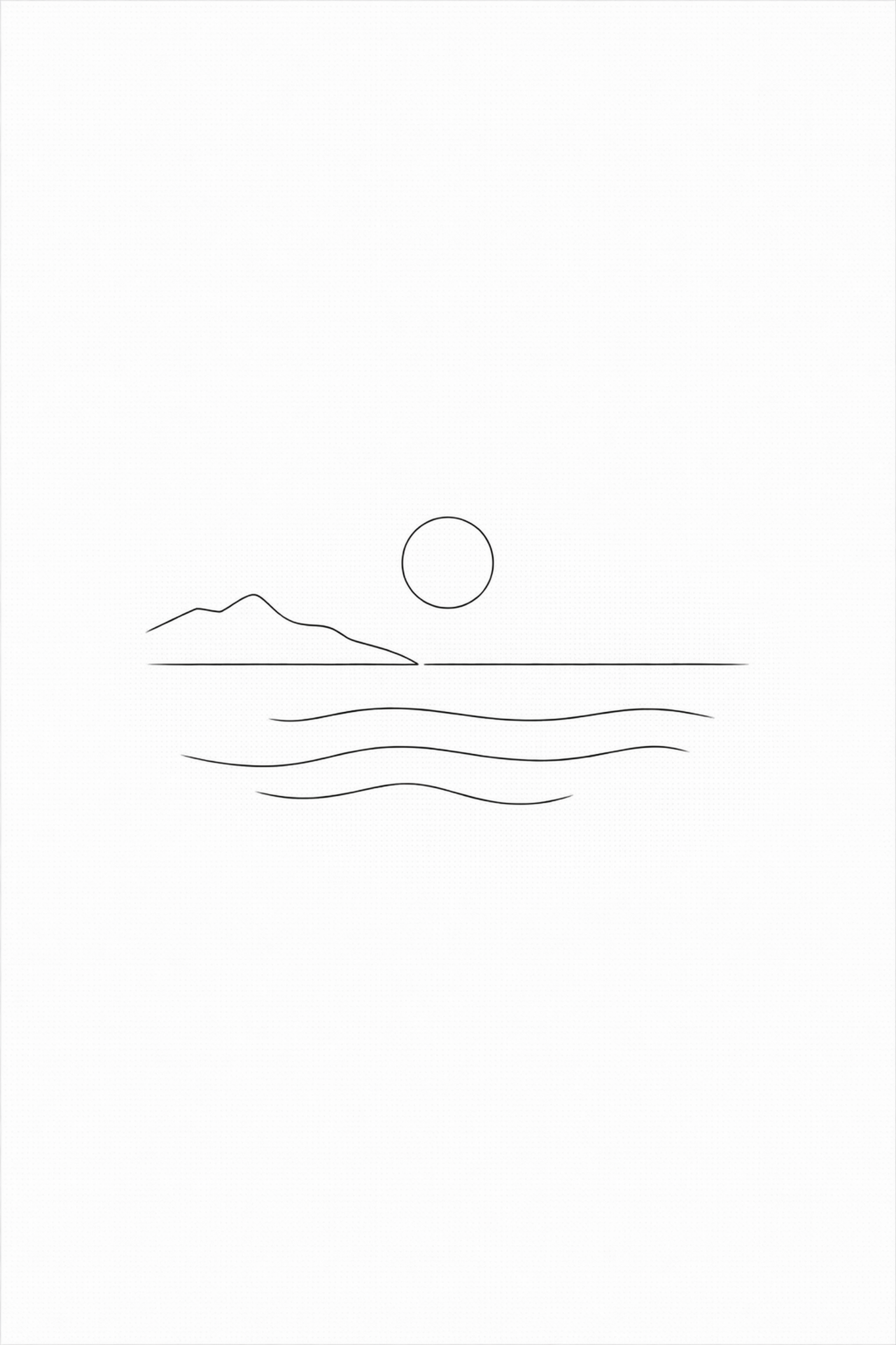 Aegean Stillness minimal line art print — black line illustration of a seascape with mountains, sun and waves on white background, Morphē Studio
