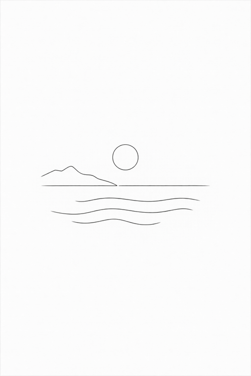 Aegean Stillness minimal line art print — black line illustration of a seascape with mountains, sun and waves on white background, Morphē Studio
