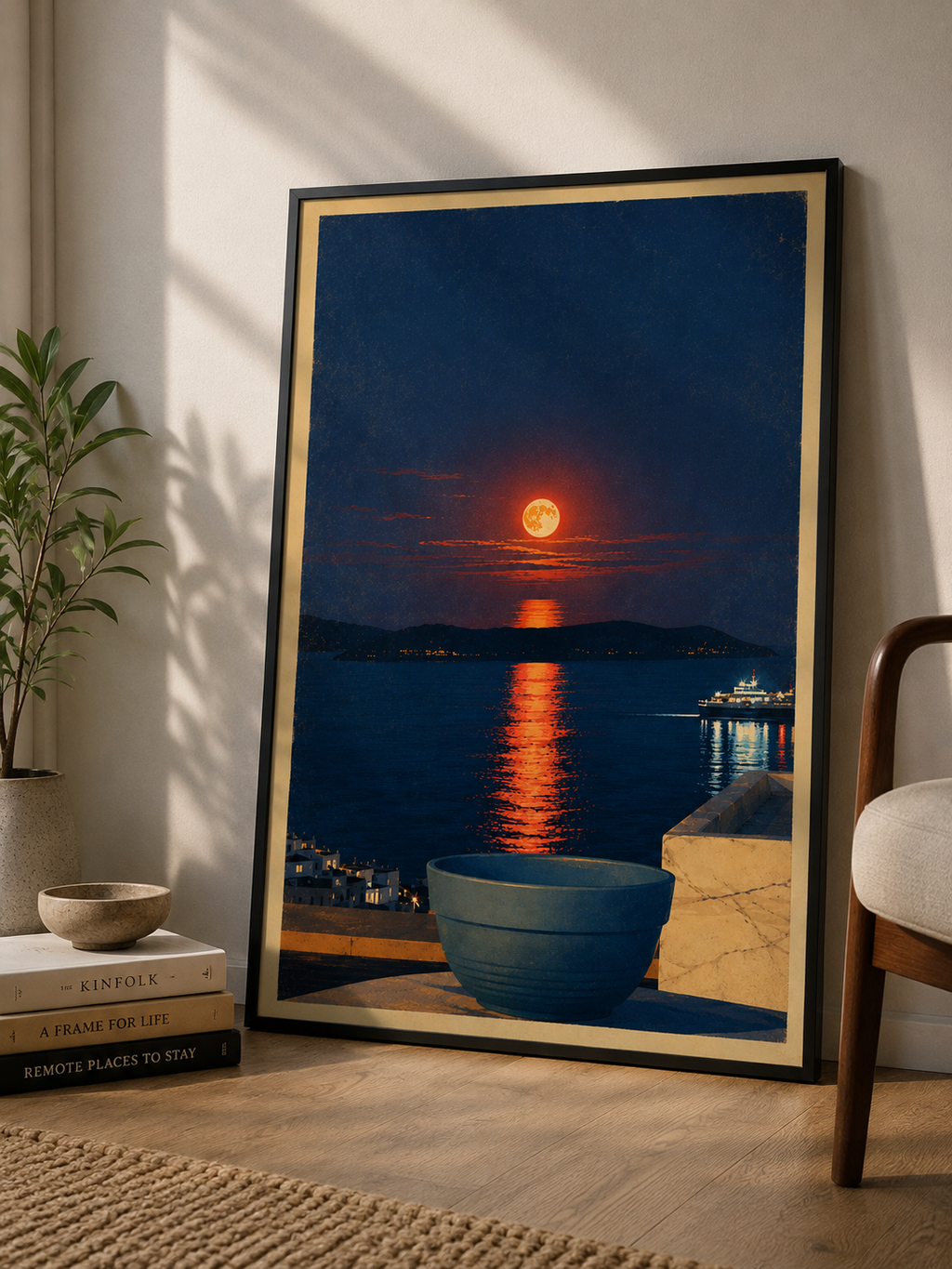 Ano Syros Full Moon poster mockup — framed cinematic print displayed in interior, Morphē Studio