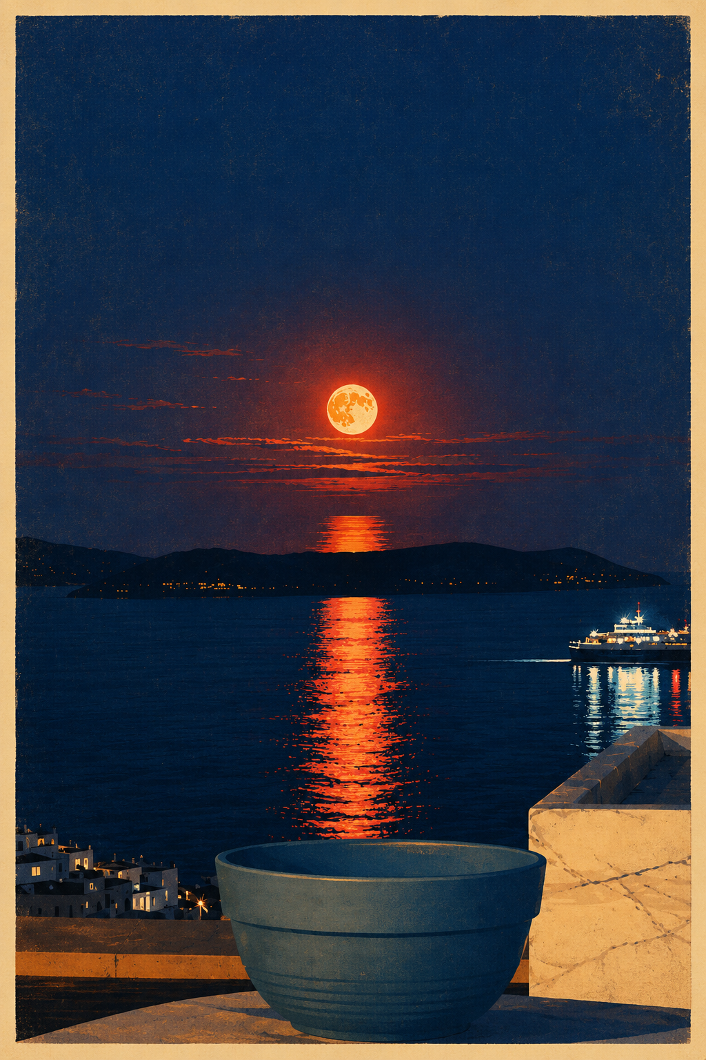 Ano Syros Full Moon cinematic poster — moonlit Cycladic village at night, printable wall art by Morphē Studio