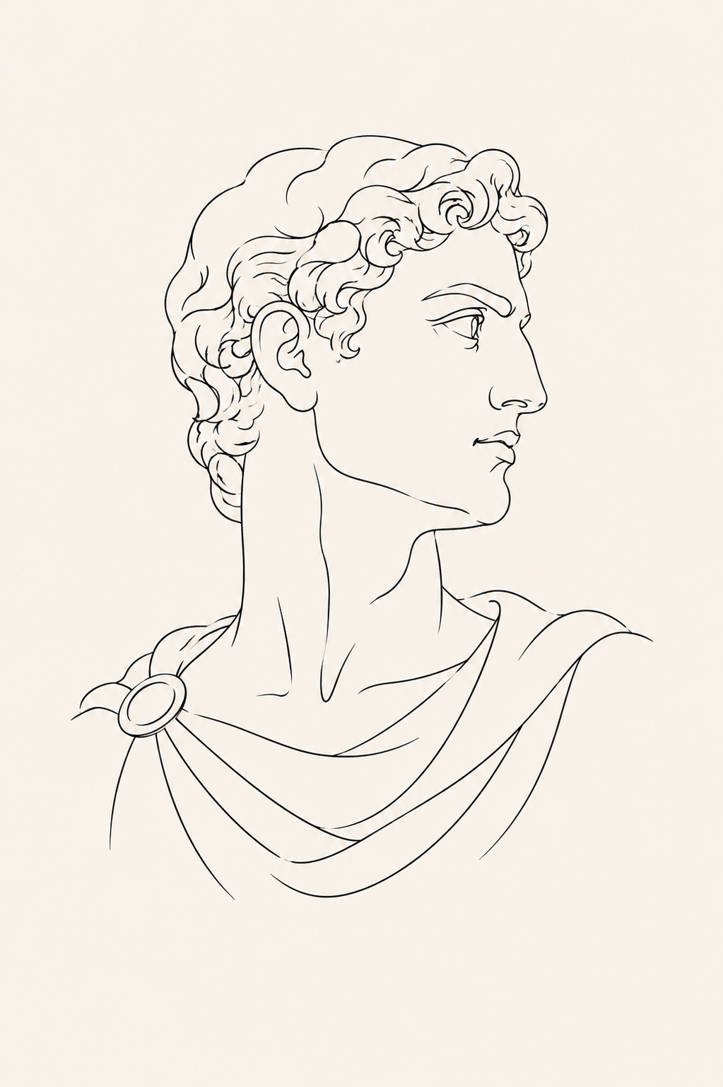 Apollo Fragment minimal line art print — detailed black line illustration of a classical Greek bust with curly hair and draped robe on cream background, Morphē Studio

