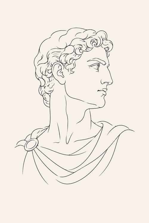 Apollo Fragment minimal line art print — detailed black line illustration of a classical Greek bust with curly hair and draped robe on cream background, Morphē Studio

