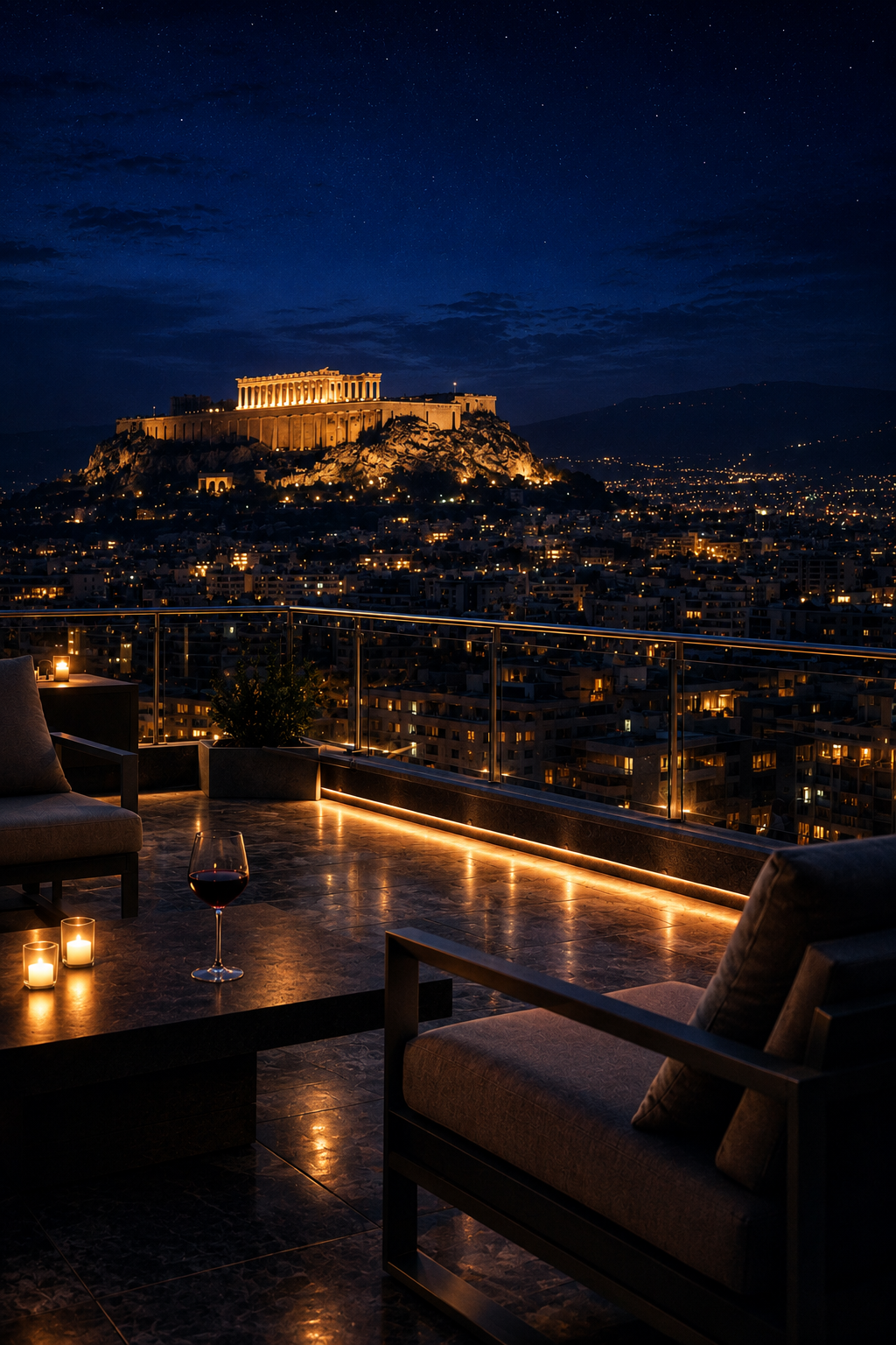Cinematic rooftop night view of Athens Greece – atmospheric city lights wall art digital print by Morphē Studio

