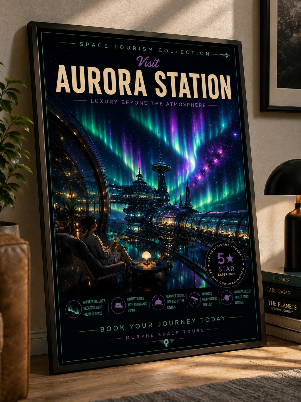 Aurora Station – Cinematic Space Tourism Poster | Framed Wall Art Mockup | Morphē Studio