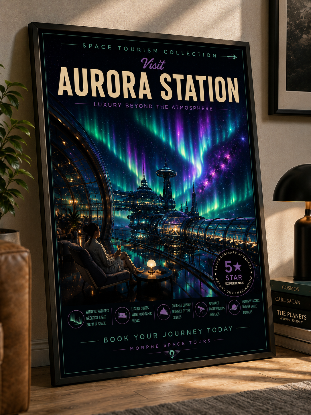 Aurora Station – Cinematic Space Tourism Poster | Framed Wall Art Mockup | Morphē Studio
