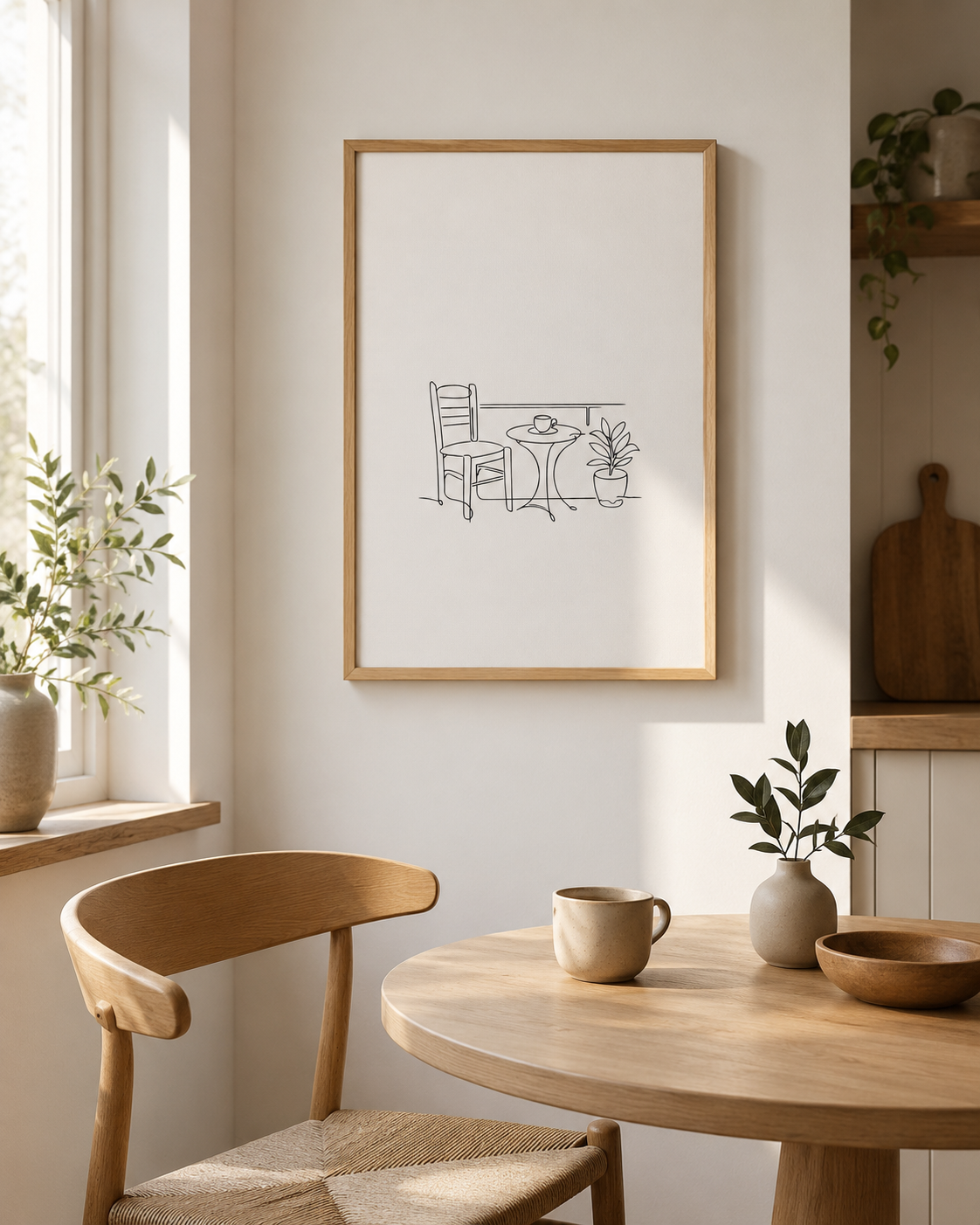 Balcony Coffee minimal line art print — framed wall art of a person sitting on a balcony with coffee and city view, leaning on a warm beige wall with dried flowers vase and Kinfolk books, Morphē Studio