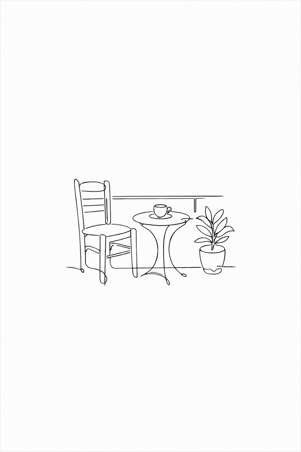 Balcony Coffee minimal line art print — black line illustration of a person enjoying coffee on a balcony with railing and cityscape view, on white background, Morphē Studio