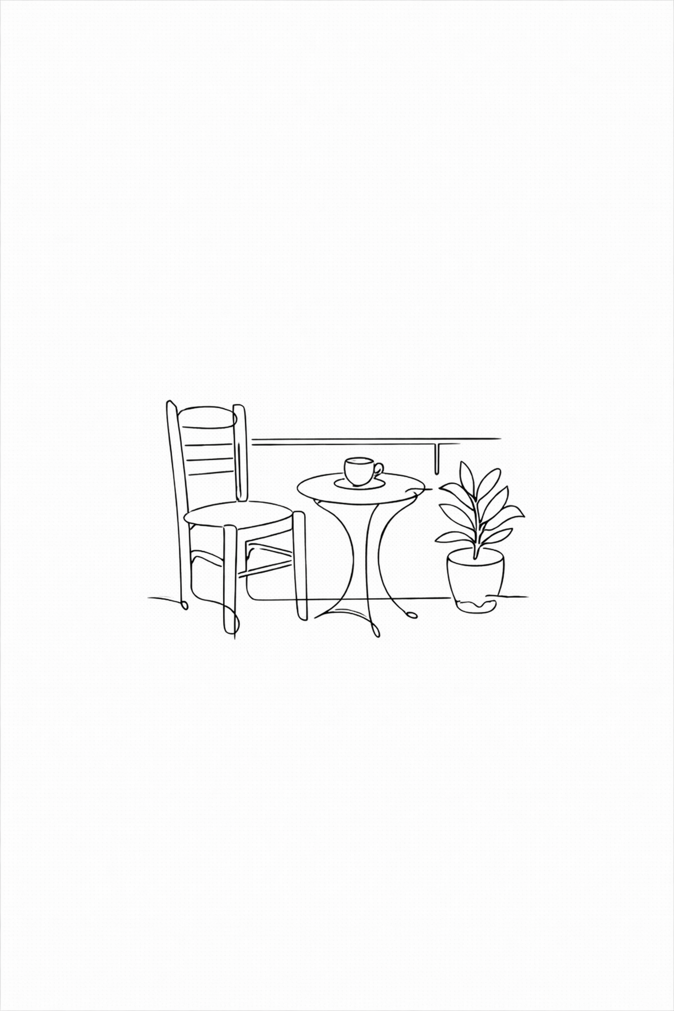 Balcony Coffee minimal line art print — black line illustration of a person enjoying coffee on a balcony with railing and cityscape view, on white background, Morphē Studio