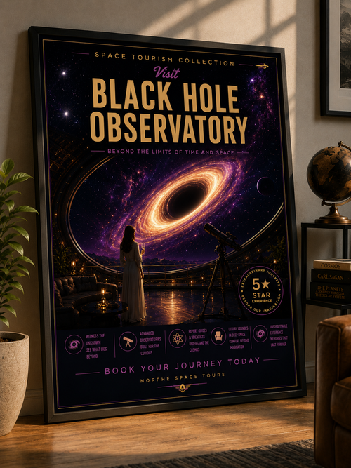 Black Hole Observatory – Cinematic Space Tourism Poster | Framed Wall Art Mockup | Morphē Studio
