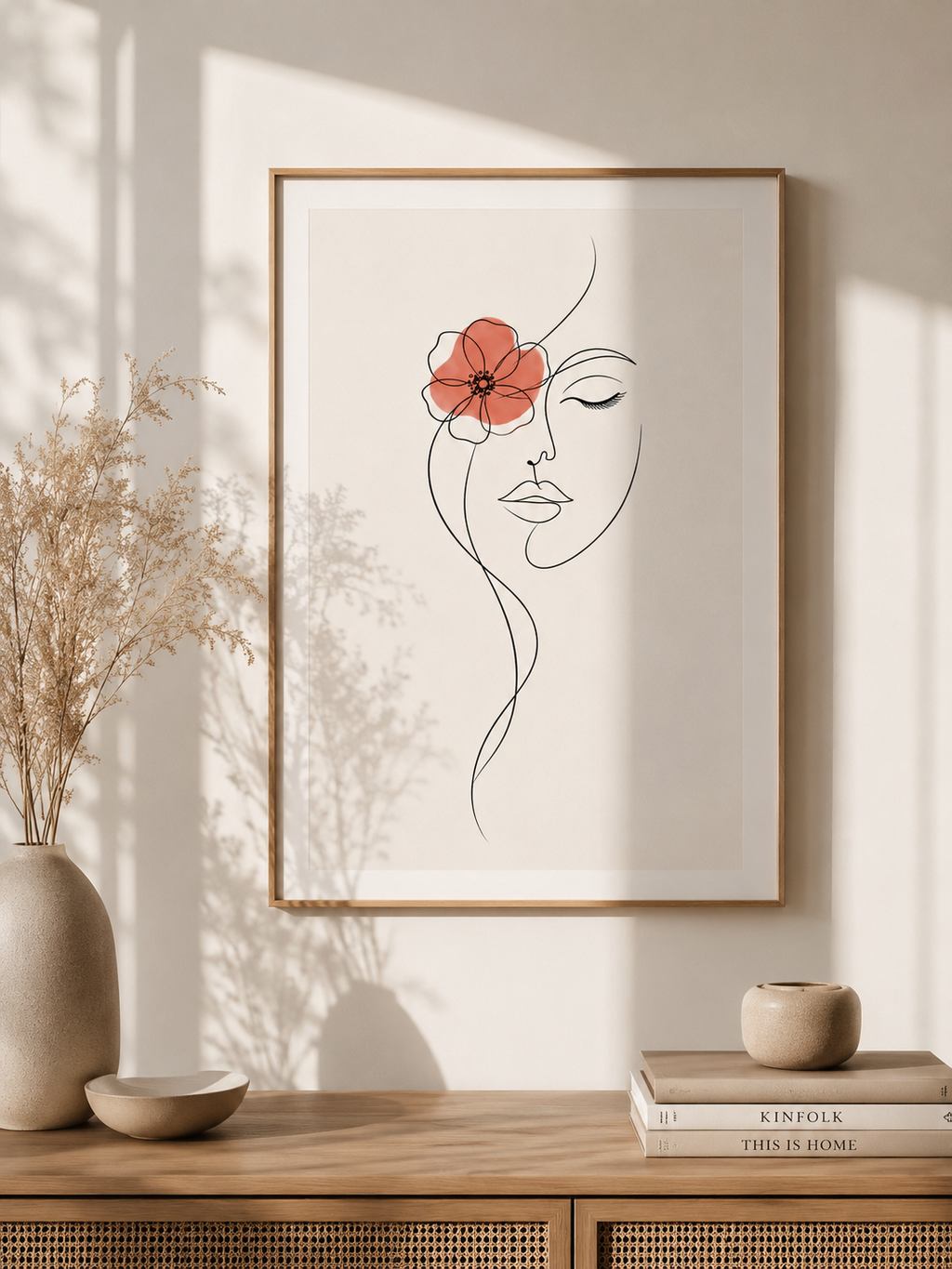 Blooming Grace minimal line art print — framed wall art mockup displayed on a warm beige wall above a wooden sideboard with dried flowers, Morphē Studio