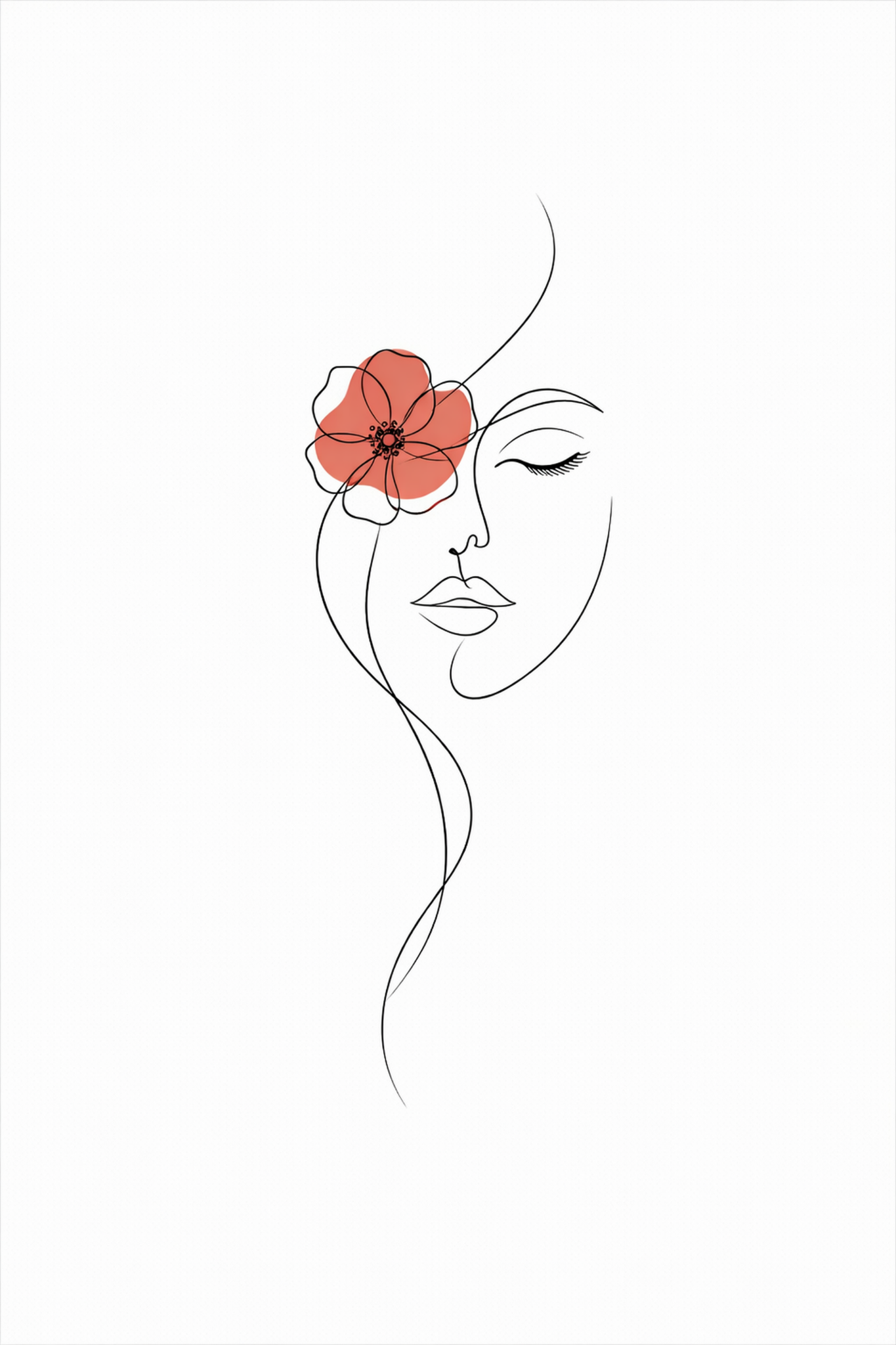 Blooming Grace minimal line art print — black line illustration of a woman's face with flowing hair and a terracotta flower, on white background, Morphē Studio