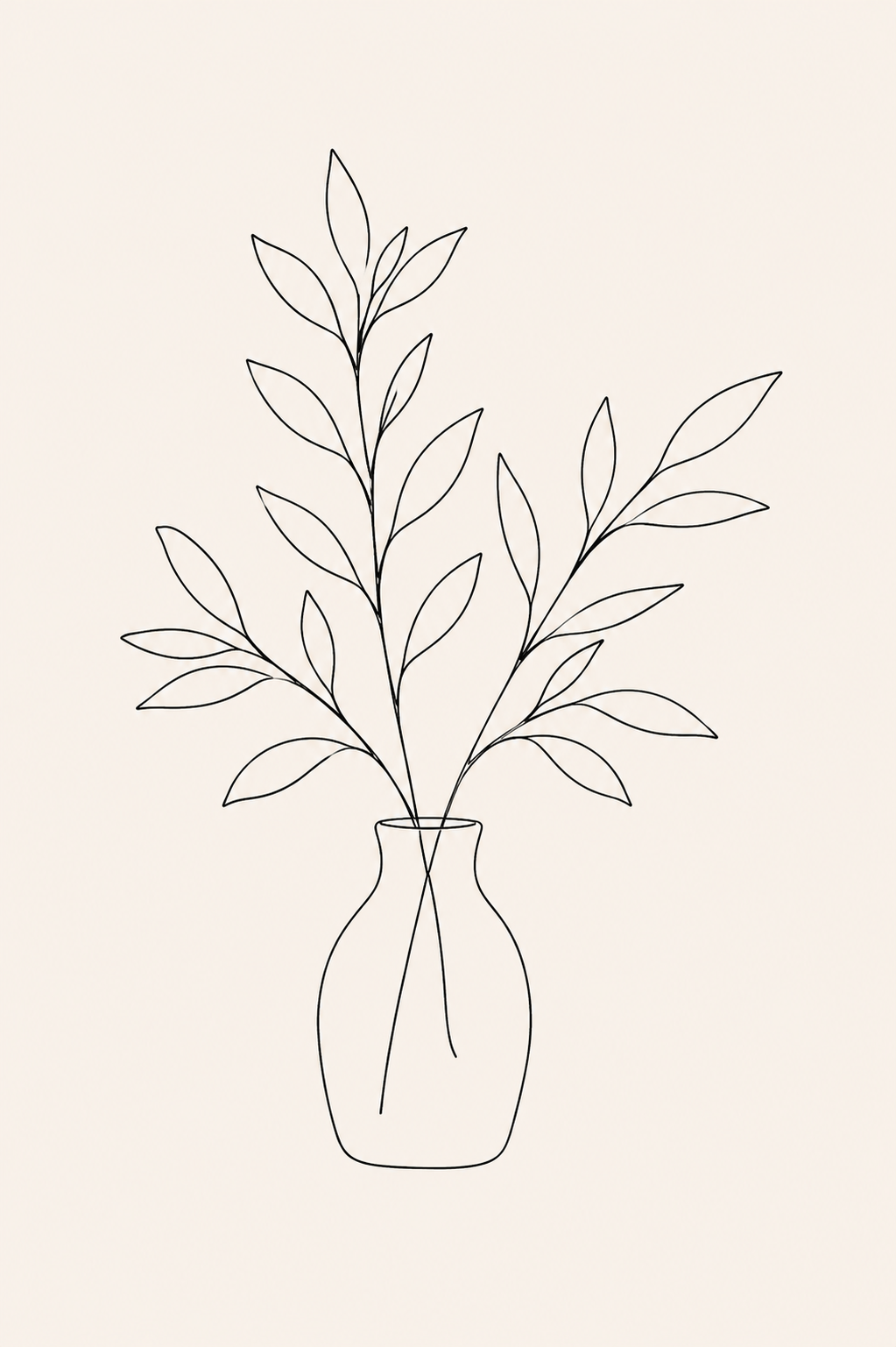 Botanical Vase minimal line art print — black line illustration of a vase with leafy branches on warm cream background, Morphē Studio
