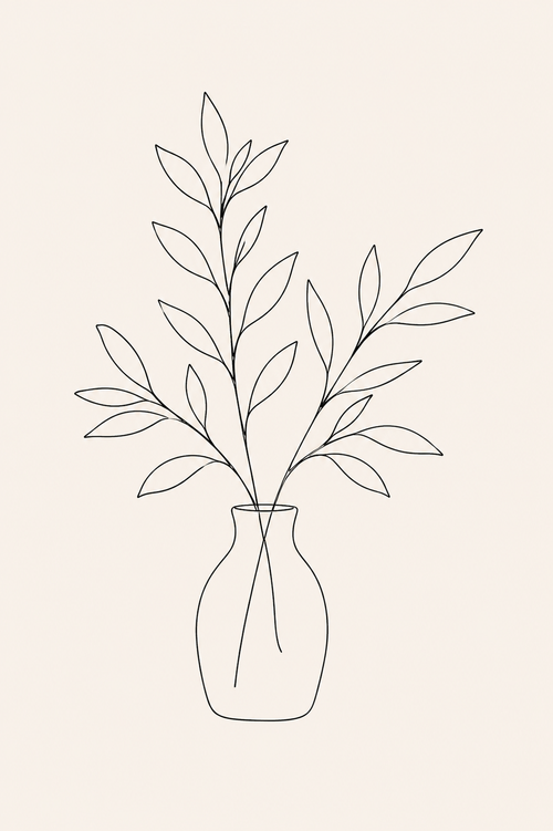 Botanical Vase minimal line art print — black line illustration of a vase with leafy branches on warm cream background, Morphē Studio
