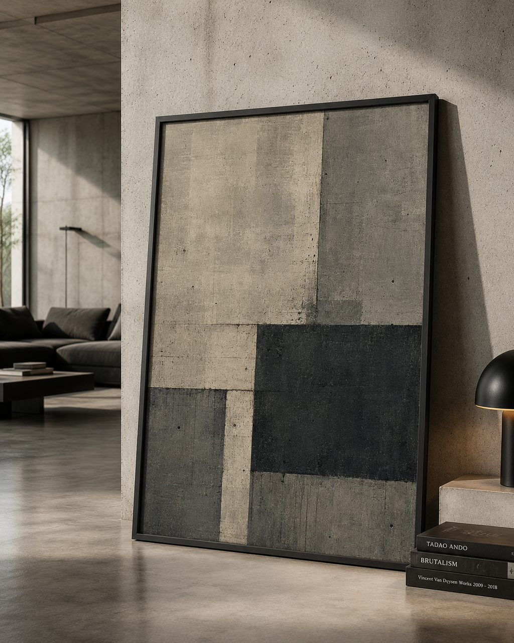 Concrete Silence | Printable Abstract Wall Art | Morphē Studio — large framed brutalist abstract print leaning on raw concrete wall beside black dome lamp and Tadao Ando books
