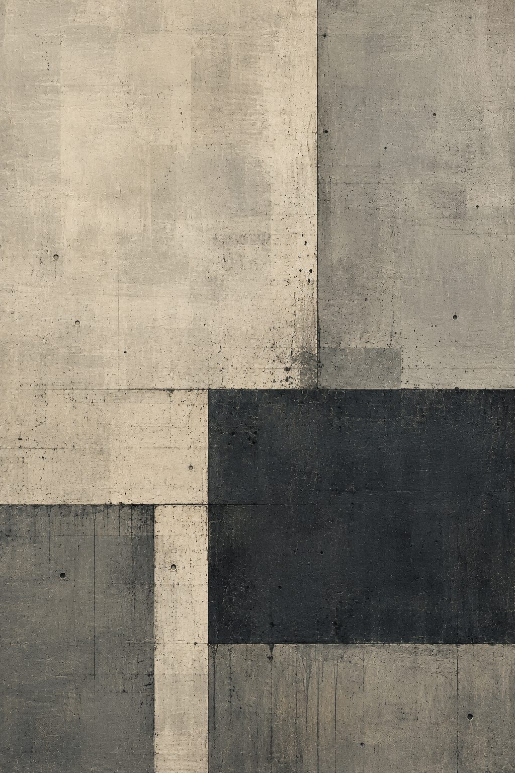 Concrete Silence | Printable Abstract Wall Art | Morphē Studio — raw concrete texture panels in warm sand and cool grey with deep charcoal rectangle, brutalist geometric art