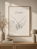 Connection minimal line art print — framed wall art mockup with a couple in an intimate minimal line art embrace, displayed in a warm neutral interior, Morphē Studio