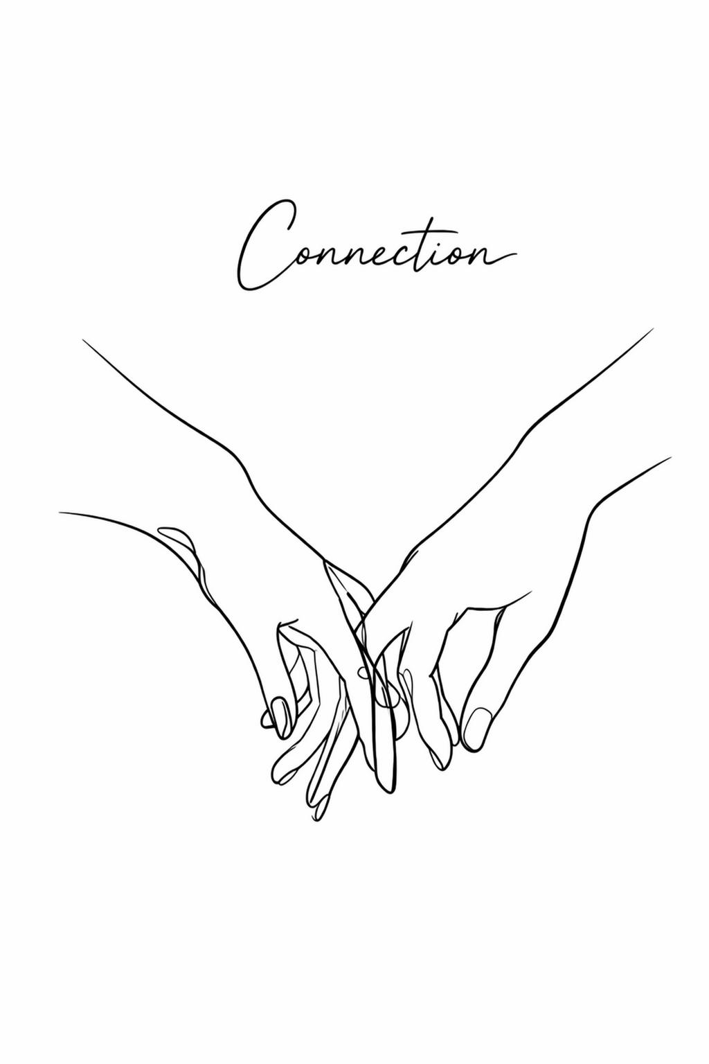 Connection minimal line art print — black line illustration of a man and woman in a tender, connected pose on white background, Morphē Studio