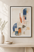 Constructed Light | Printable Abstract Wall Art | Morphē Studio — framed abstract collage print in black frame on white wall above stone console with white ceramic vase and bowl beside olive branch