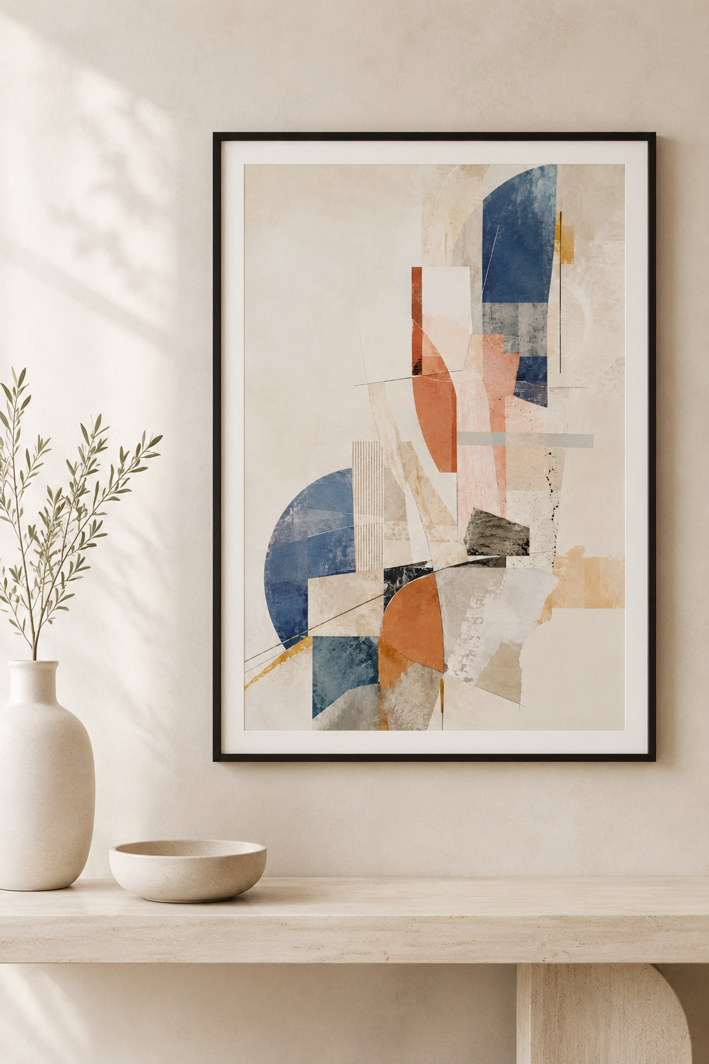 Constructed Light | Printable Abstract Wall Art | Morphē Studio — framed abstract collage print in black frame on white wall above stone console with white ceramic vase and bowl beside olive branch