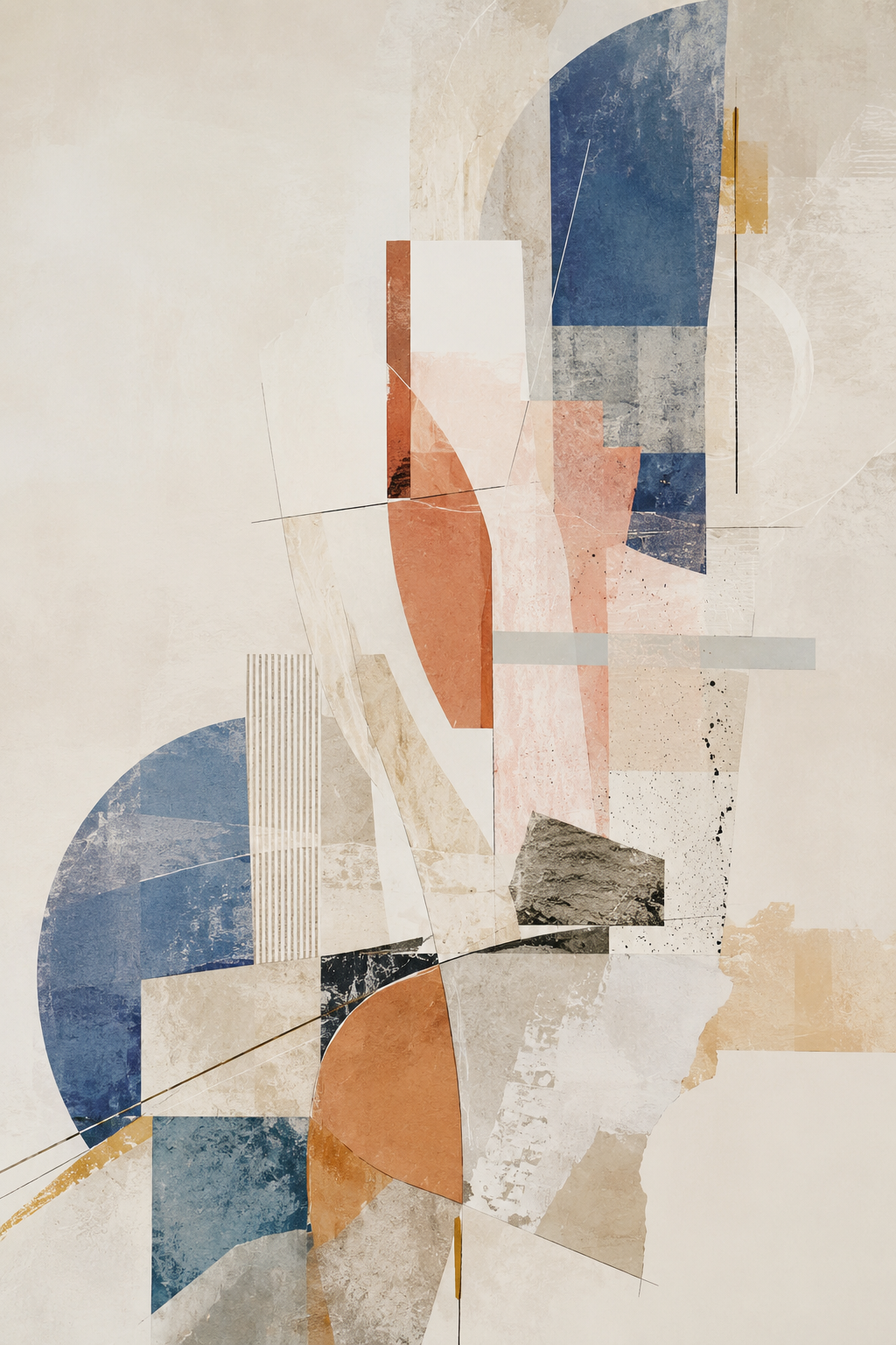 Constructed Light | Printable Abstract Wall Art | Morphē Studio — layered collage of cobalt blue arcs, terracotta curves, blush pink planes, concrete textures, fine line grids and gold accents, eclectic abstract art