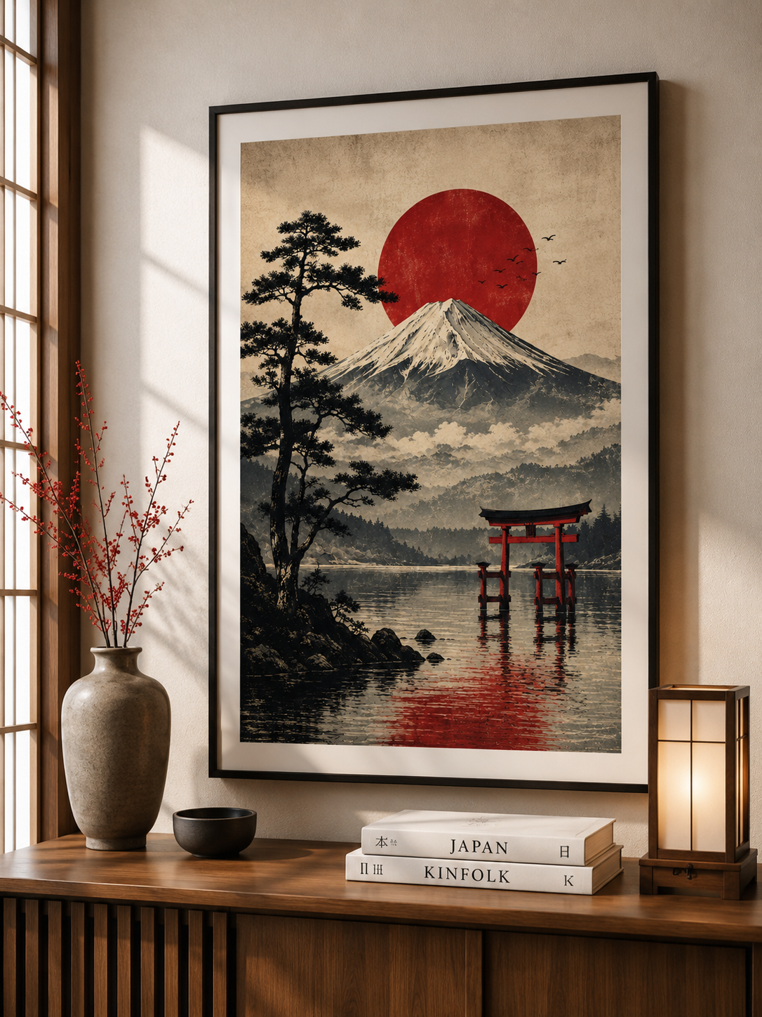 Crimson Fuji Japanese Art Print – Framed Wall Art Mockup | Morphē Studio