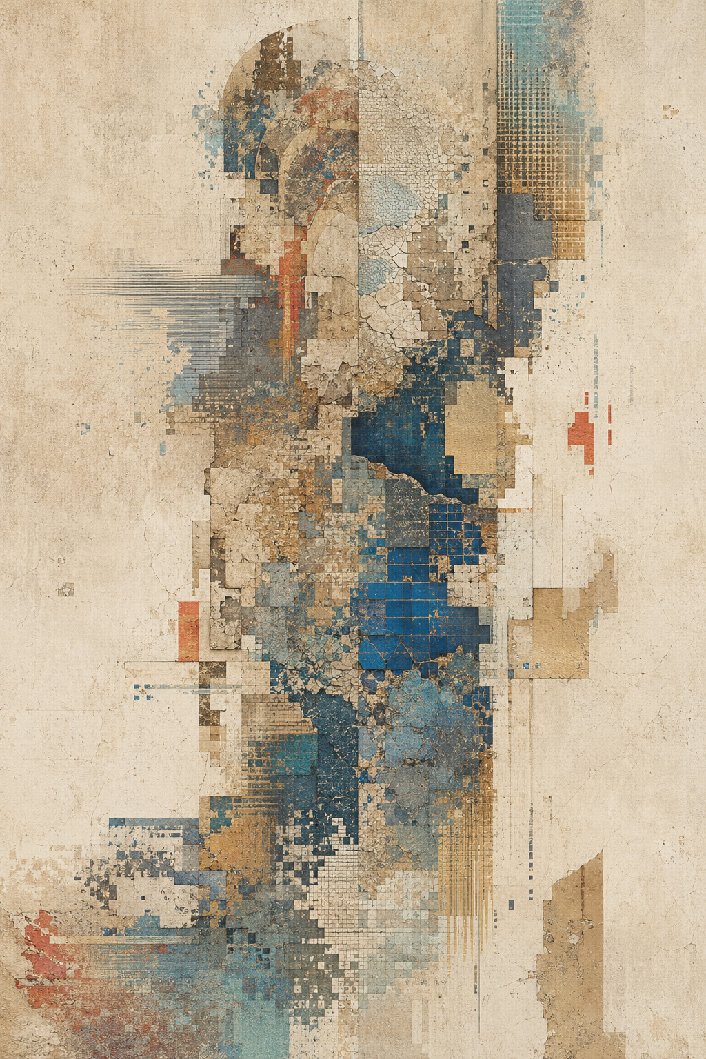 Digital Relic | Printable Abstract Wall Art | Morphē Studio — cracked parchment and weathered stone dissolving into pixelated cobalt blue and gold mosaic grids with circular architectural forms and glitch data fragments on warm cream ground