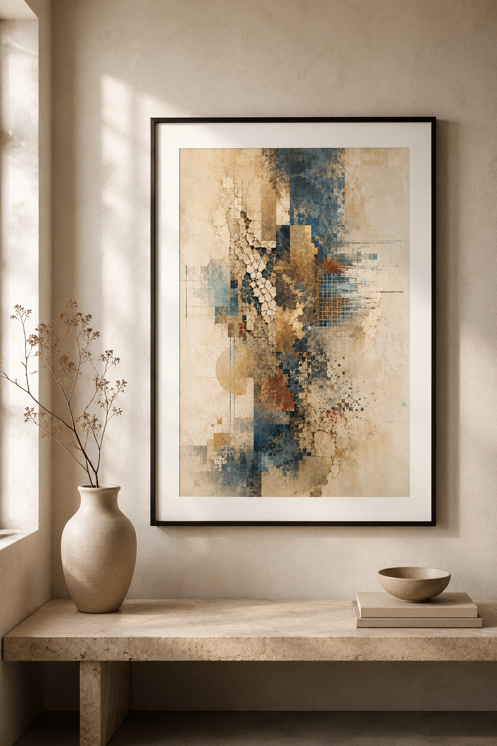 Digital Relic | Printable Abstract Wall Art | Morphē Studio — large framed abstract print in black frame on cream wall above travertine console with cream ceramic vase with dried branches and small bowl