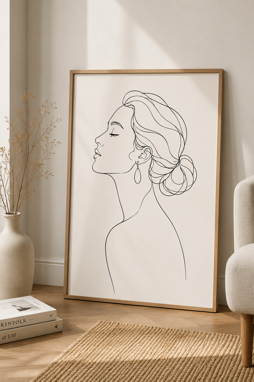 Elegant Muse minimal line art print — framed wall art leaning against a warm white wall in a Scandinavian living room with dried flowers and armchair, Morphē Studio
