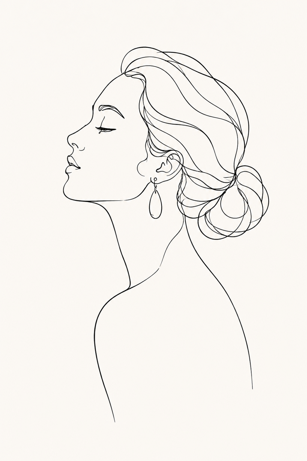 Elegant Muse minimal line art print — black line illustration of a woman's side profile with upswept hair and drop earring on cream background, Morphē Studio