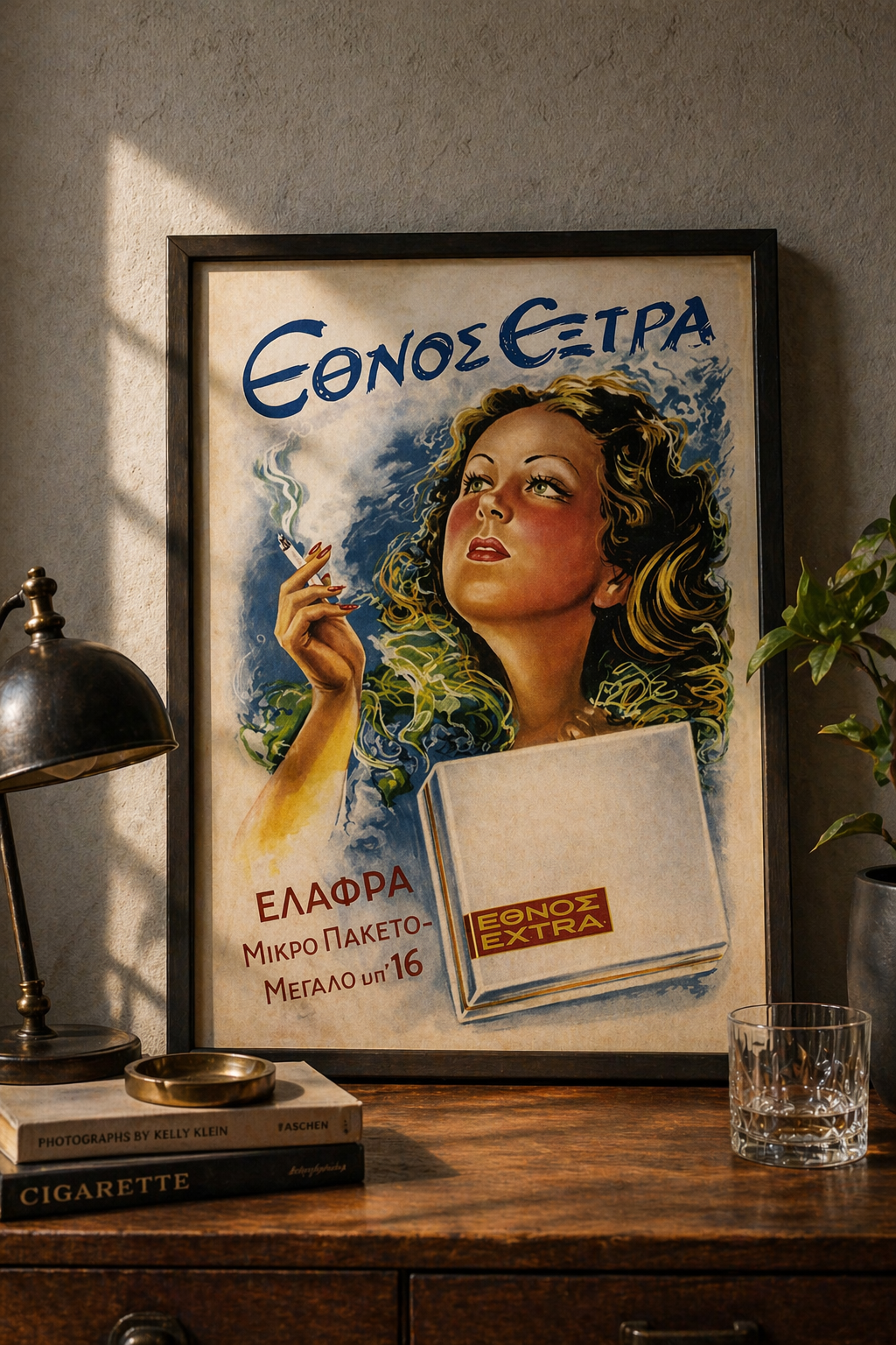 Ethnos Extra Cigarettes – Greek Vintage Advertising Poster, digitally restored printable wall art, mockup