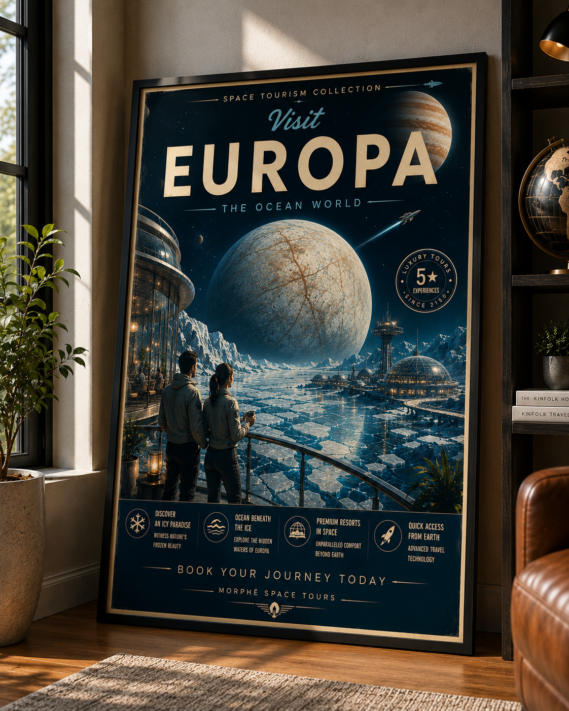Europa Awaits – Cinematic Space Tourism Poster | Framed Wall Art Mockup | Morphē Studio