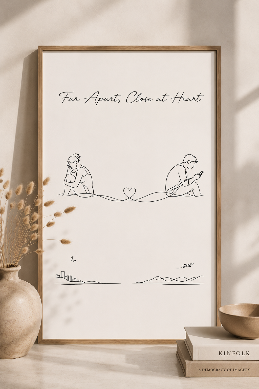 Far Apart, Close at Heart minimal line art print — black line illustration of a woman and man sitting apart connected by a flowing heart line, with city skyline at night and mountains with airplane below, cursive script title on cream background, Morphē Studio