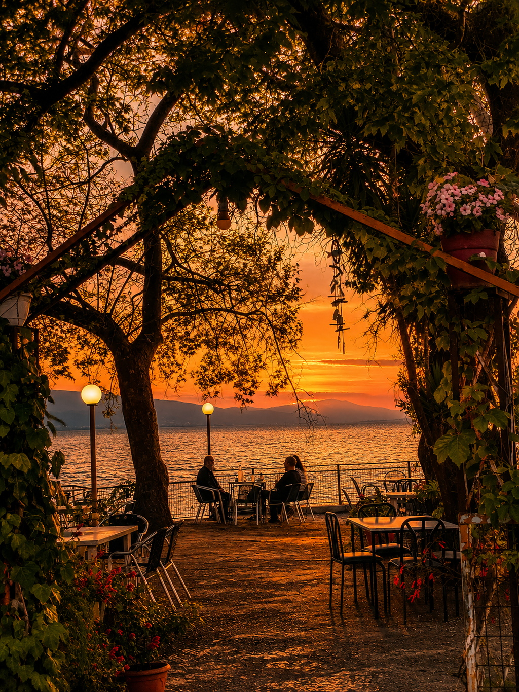 Cinematic golden hour at Lake Trichonida Greece – warm amber sunset light over the still waters of Greece's largest natural lake, wall art digital print by Morphē Studio