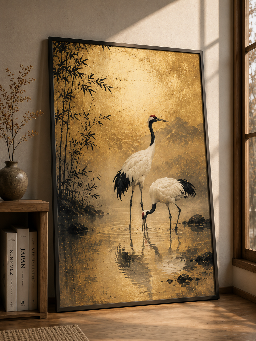 Golden Crane Japanese Art Print – Framed Wall Art Mockup | Morphē Studio