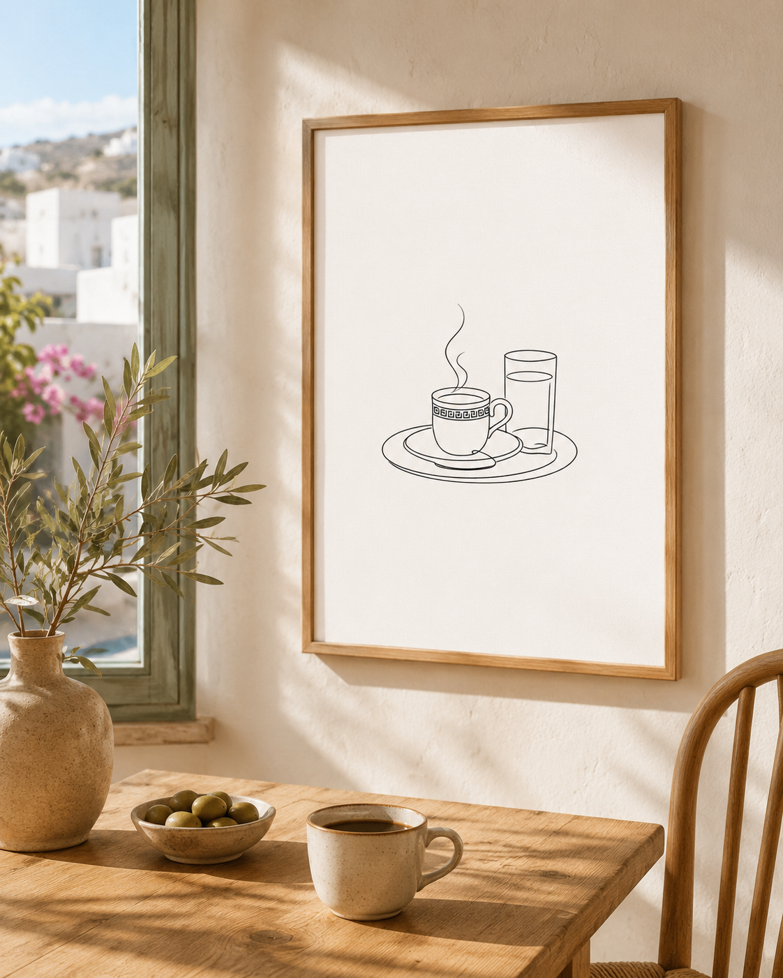 Greek Morning Ritual minimal line art print — framed wall art in a sunny Mediterranean kitchen with olive branch, coffee cup and olives on wooden table, Morphē Studio