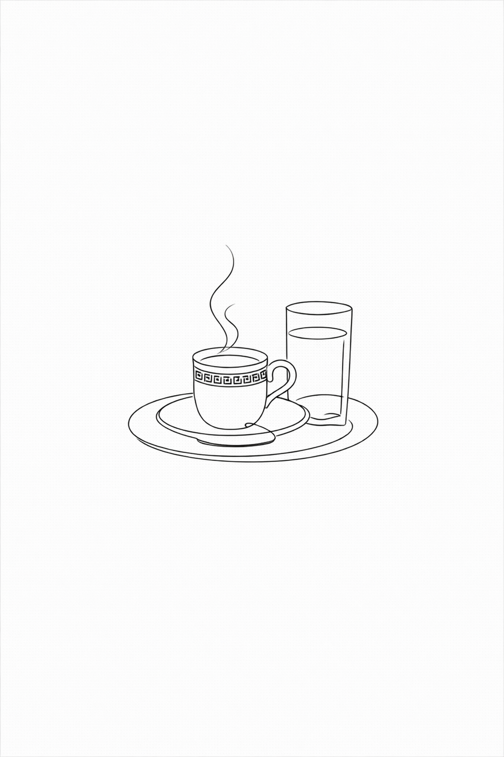 Greek Morning Ritual minimal line art print — black line illustration of a Greek coffee cup with steam and water glass on a tray, on white background, Morphē Studio