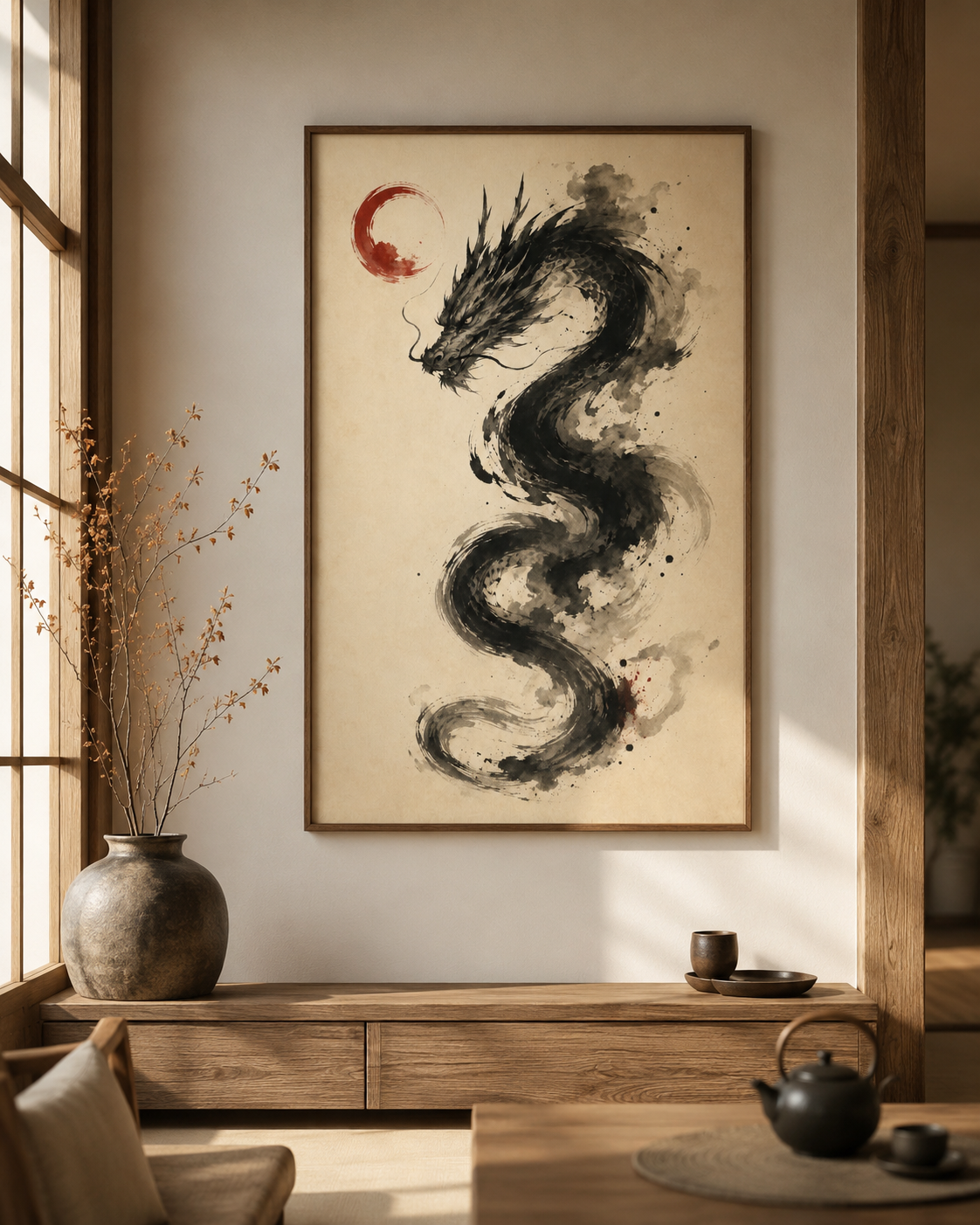 Ink Dragon Japanese Art Print – Framed Wall Art Mockup | Morphē Studio