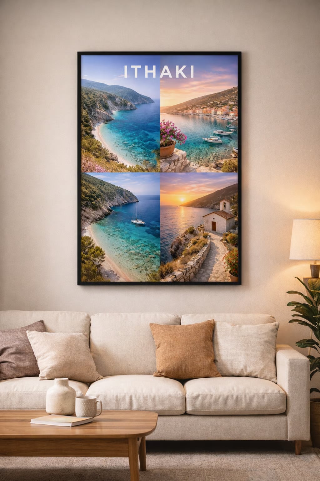 Ithaki Cinematic Poster – Printable Greek island wall art, framed mockup display