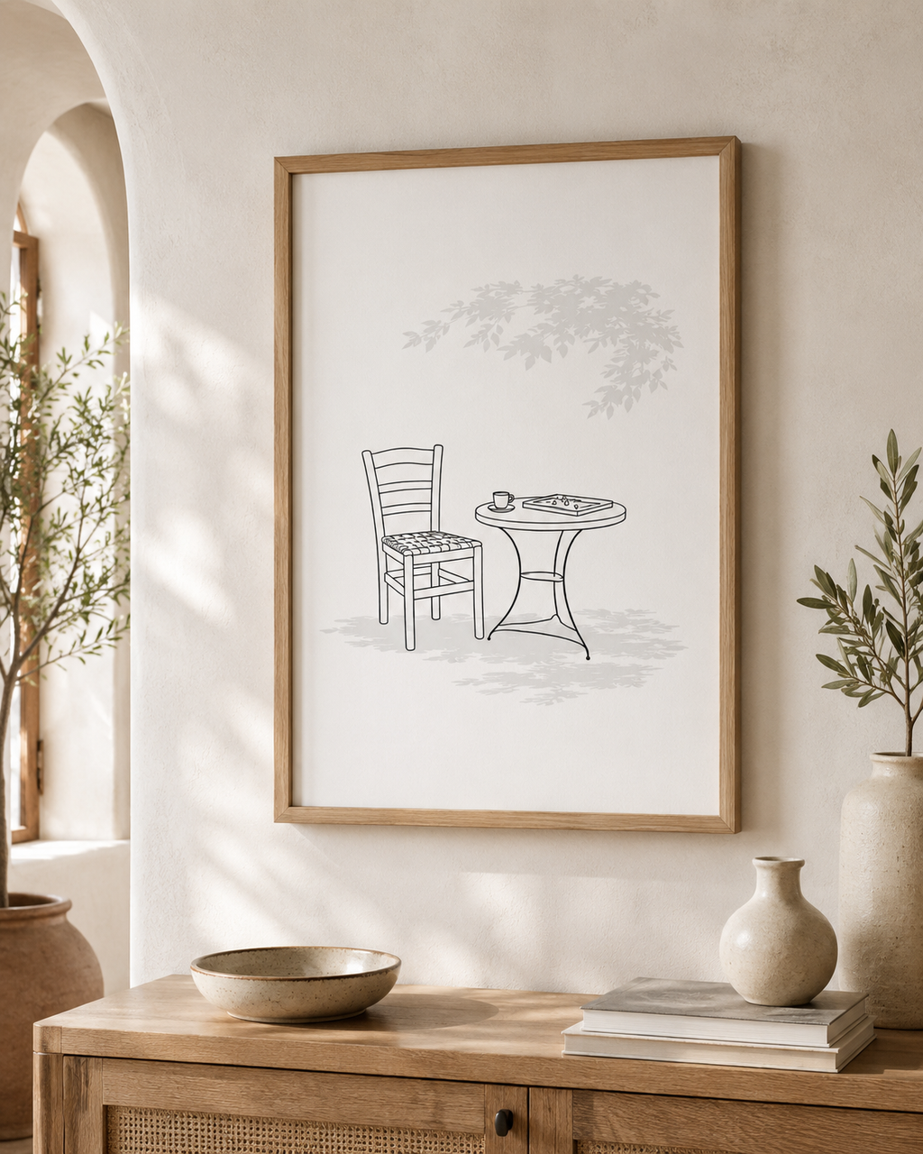 Kafeneio Pause minimal line art print — framed wall art in a warm Mediterranean interior with arched window, olive branches and ceramic vases, Morphē Studio