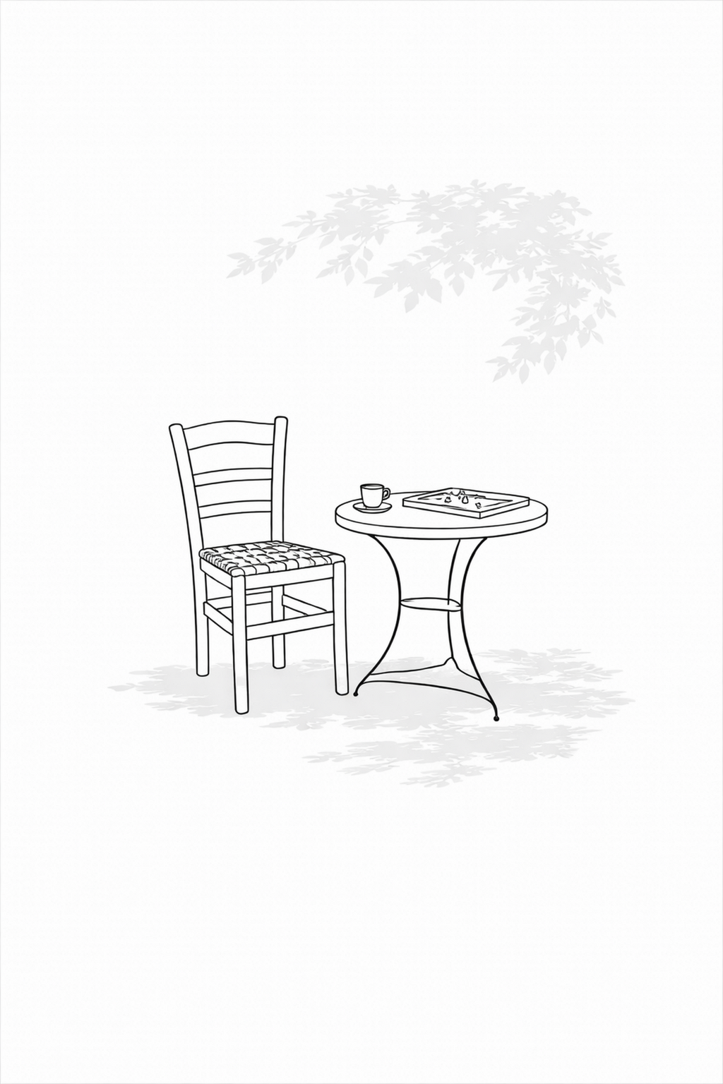 Kafeneio Pause minimal line art print — black line illustration of a Greek kafeneio chair and round table with coffee and backgammon board under a tree shadow, on white background, Morphē Studio