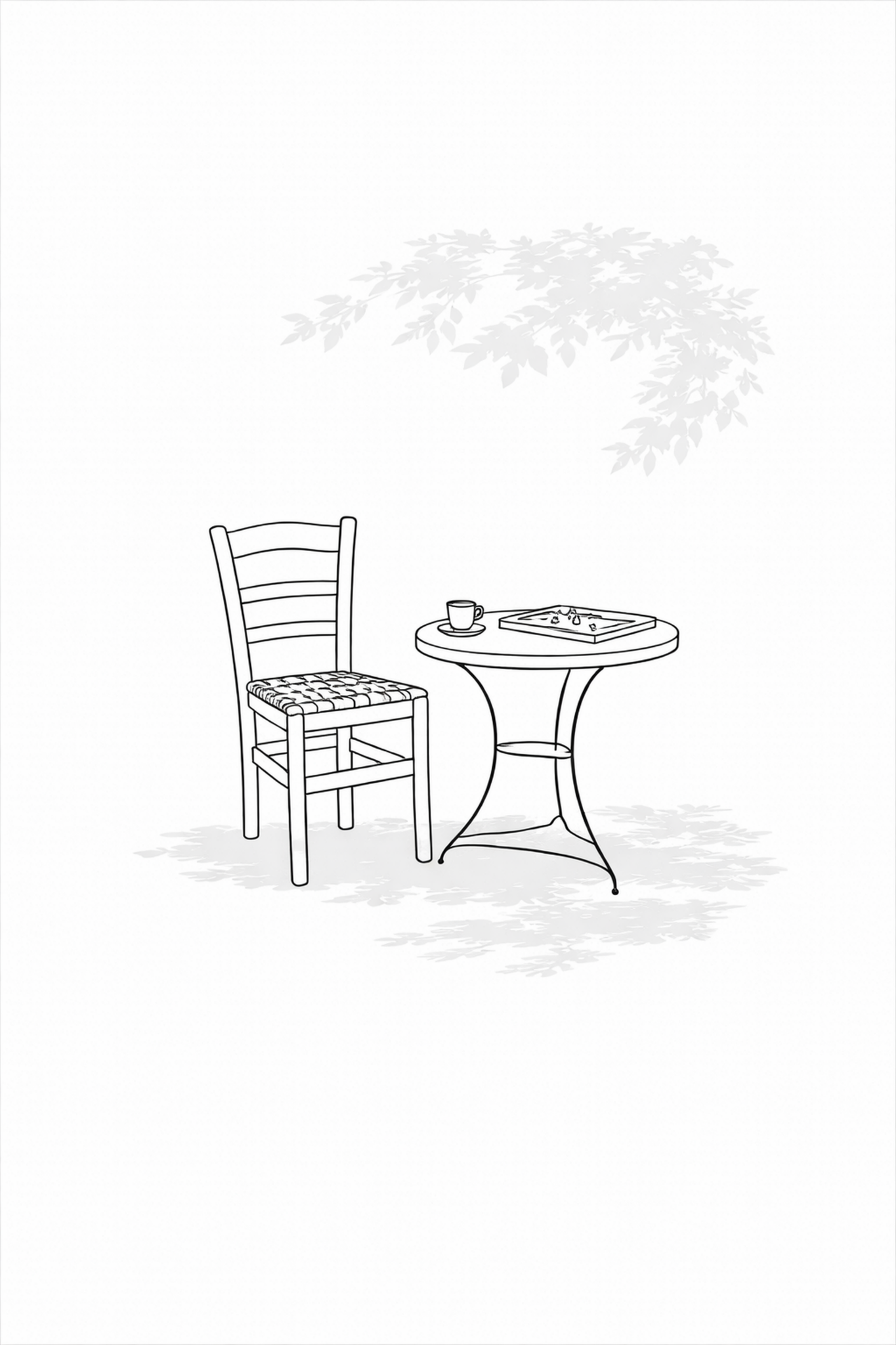 Kafeneio Pause minimal line art print — black line illustration of a Greek kafeneio chair and round table with coffee and backgammon board under a tree shadow, on white background, Morphē Studio