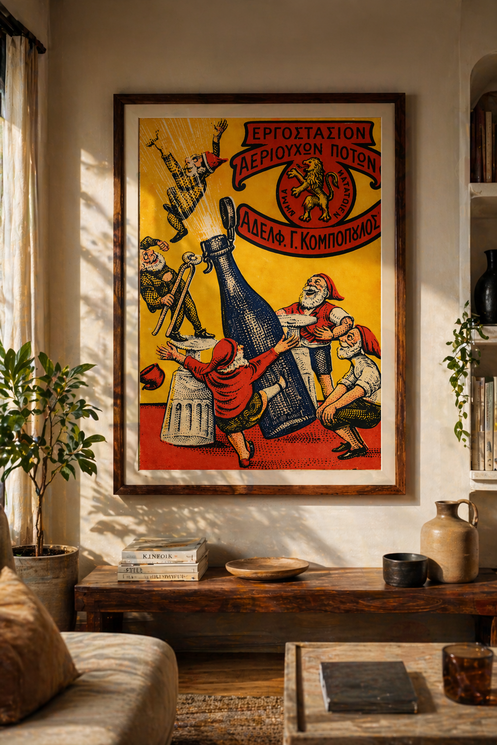 Kombopoulos Bros Drinks Greek vintage advertisement poster mockup displayed as framed wall art in interior decor
