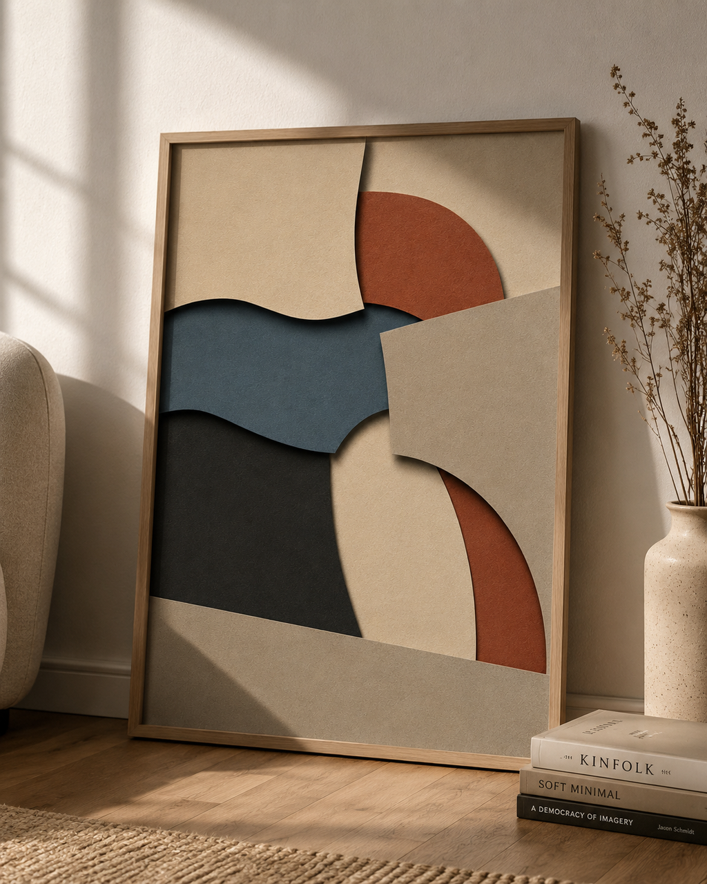 Layered Stillness | Printable Abstract Wall Art | Morphē Studio — framed earthy abstract print in oak frame leaning on wall beside dried grass vase and Kinfolk books