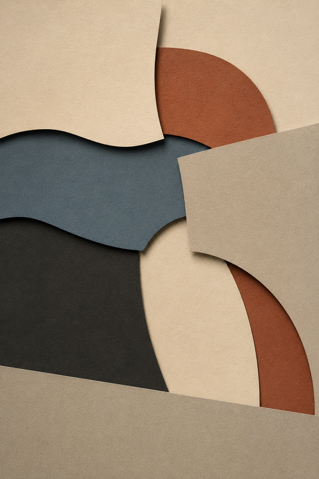 Layered Stillness | Printable Abstract Wall Art | Morphē Studio — overlapping cream, slate blue and terracotta geometric planes with paper-cut texture and organic wave shapes