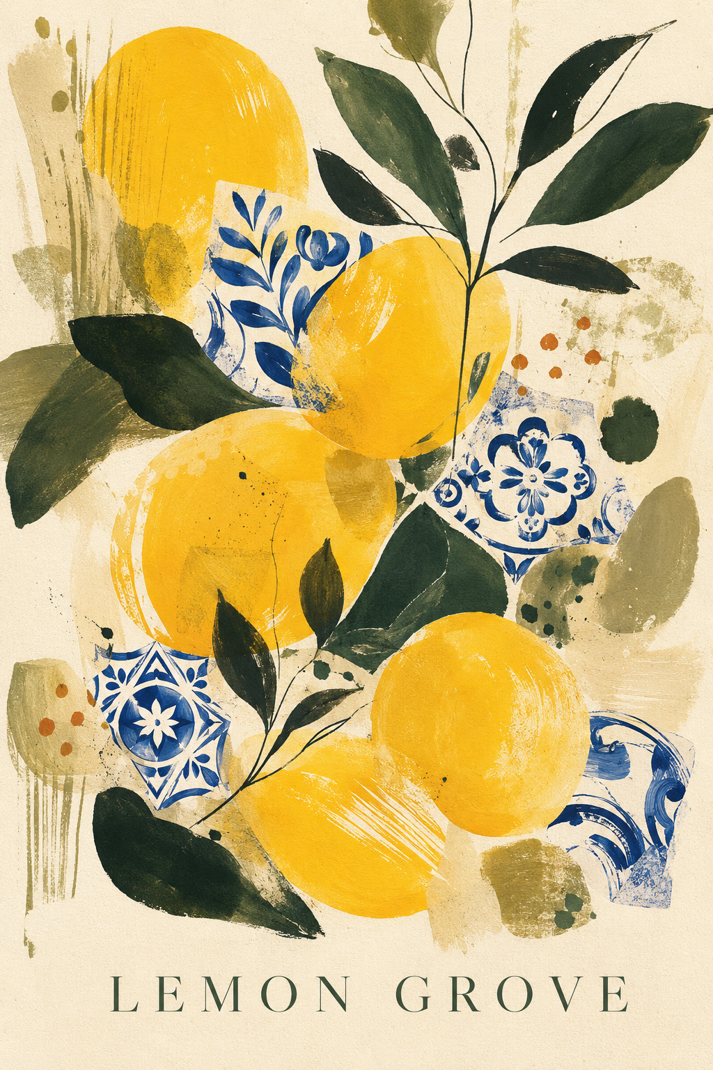 Lemon Grove | Printable Abstract Wall Art | Morphē Studio — vibrant lemons, dark olive leaves and blue Greek ceramic tile fragments on cream background