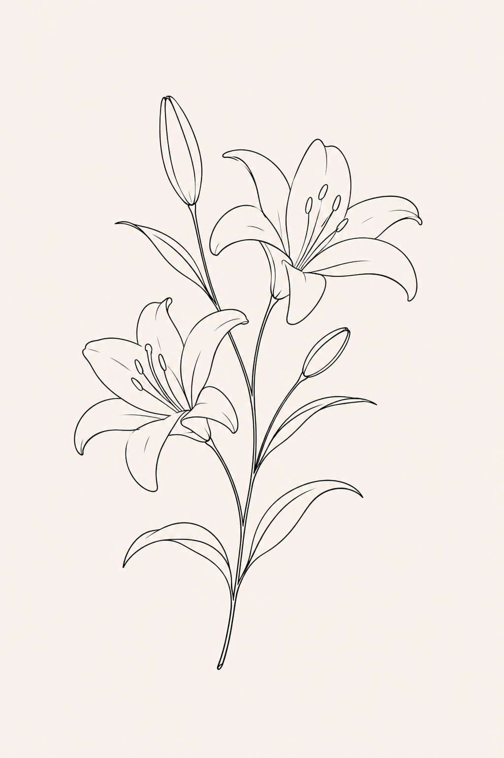 Lilly Bloom minimal line art print — detailed black line illustration of two lily flowers in full bloom with a bud on warm cream background, Morphē Studio