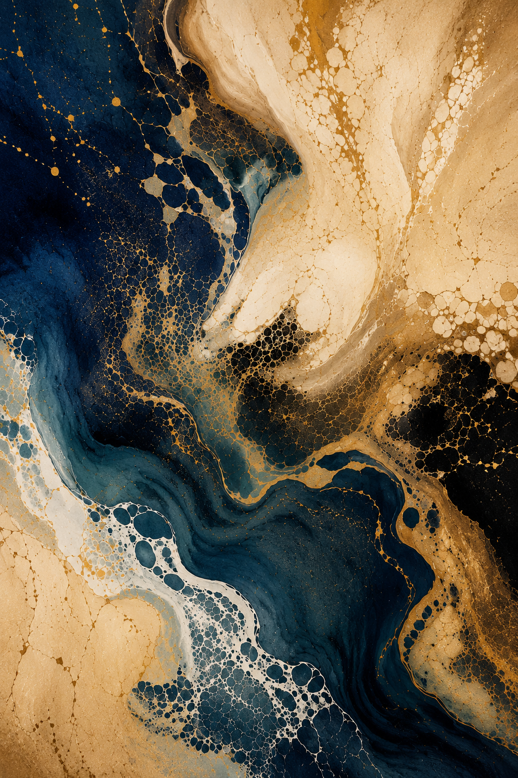 Liquid Convergence | Printable Abstract Wall Art | Morphē Studio — deep navy and midnight blue rivers flowing through warm sand with gold-flecked bubble patterns, luxurious fluid abstract art