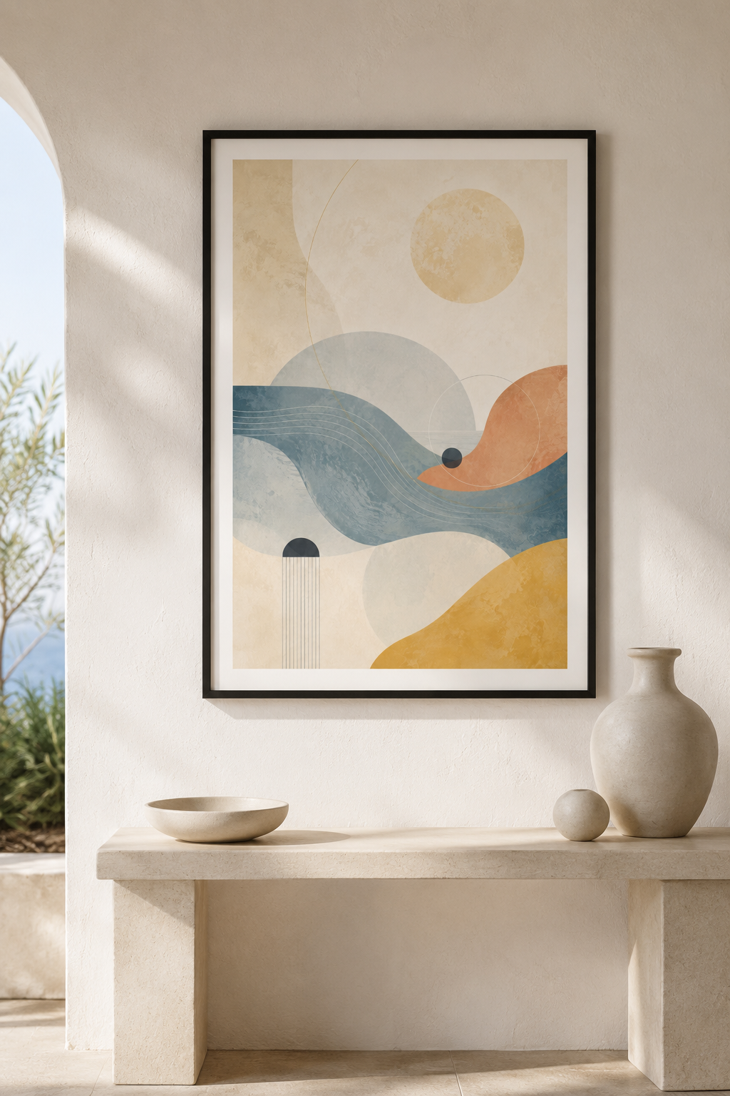 Mediterranean Drift | Printable Abstract Wall Art | Morphē Studio — framed dreamy Mediterranean abstract print in black frame on white wall above stone console with ceramic bowl and vase beside arched window with olive tree view