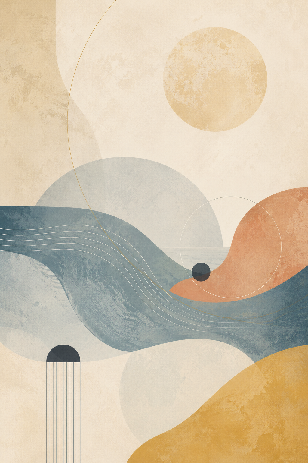 Mediterranean Drift | Printable Abstract Wall Art | Morphē Studio — golden sun above powder blue waves drifting over warm sand dunes and blush rose hillside with ancient column and fine circular lines, Mediterranean abstract art